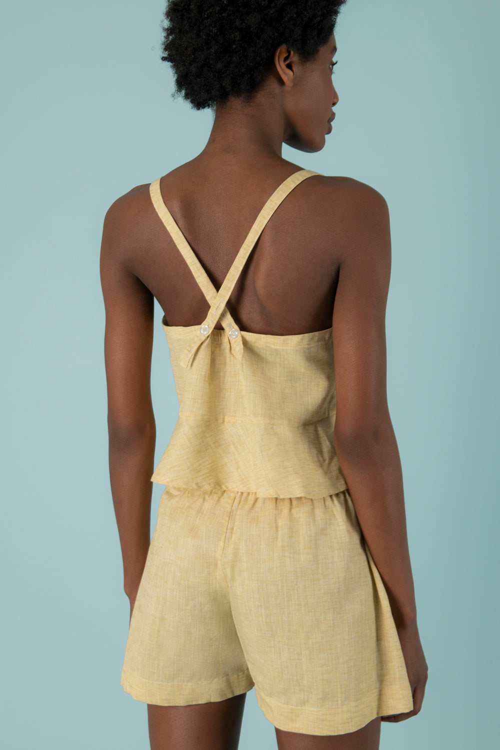 Linda Ruffle Waist Shorts in Yellow Linen - Mayamiko Sustainable Fashion