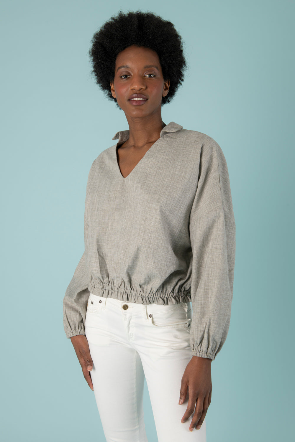 Margherita Puffy Blouse in Grey Linen - Mayamiko Sustainable Fashion