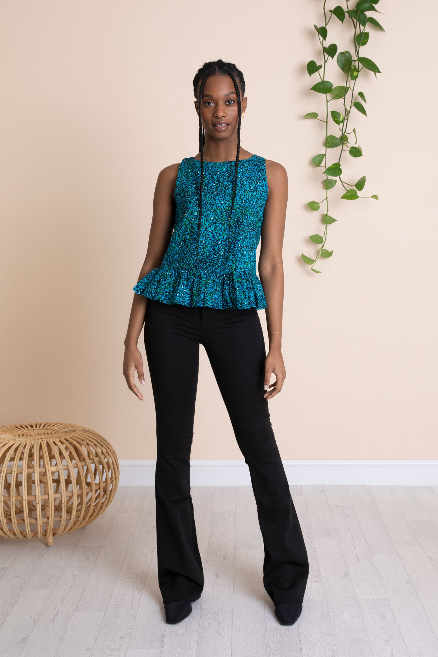 Ester Tie Up Peplum Top in Blue Foliage