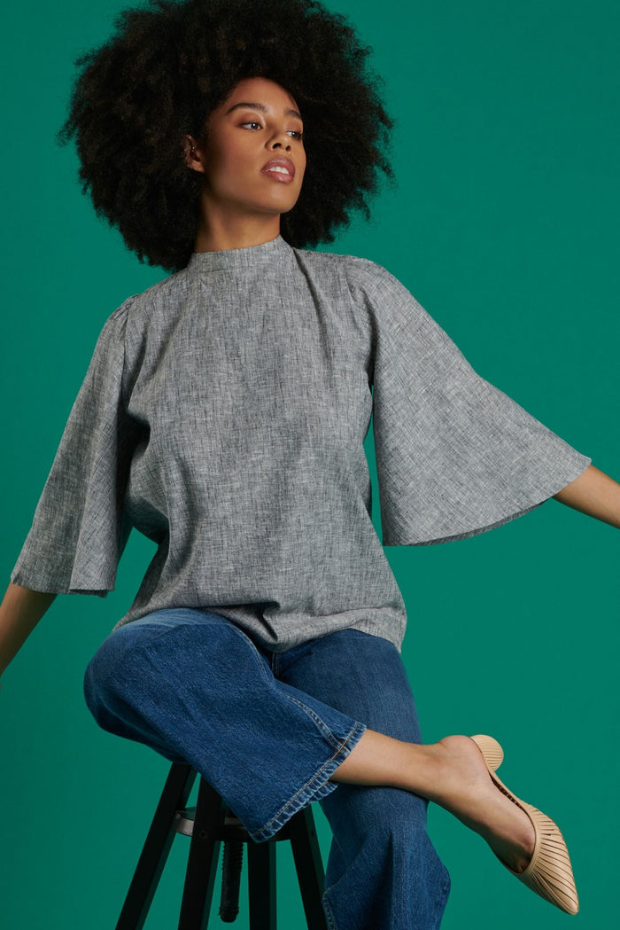 Florence Bell Sleeve Top in Grey Linen - Mayamiko Sustainable Fashion