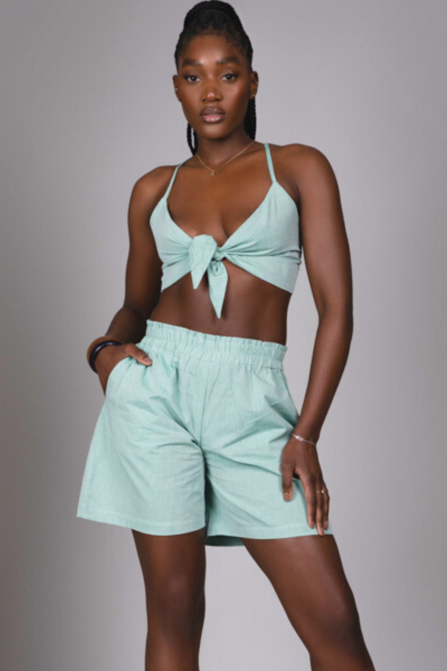 Linda ruffle waist shorts in organic Seafoam green