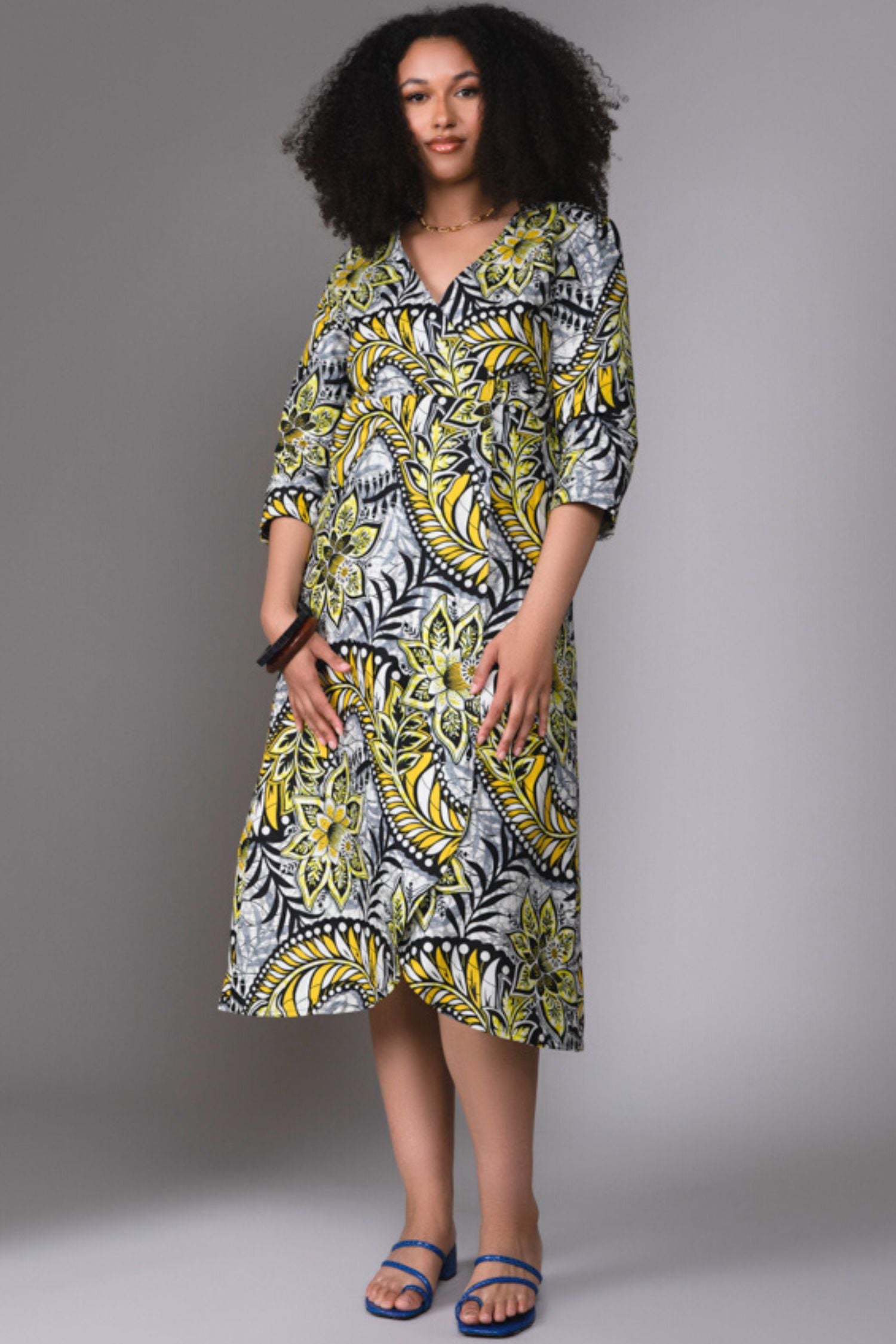 Dalitso Maxi Wrap Dress with sleeves in Yellow Sunflower