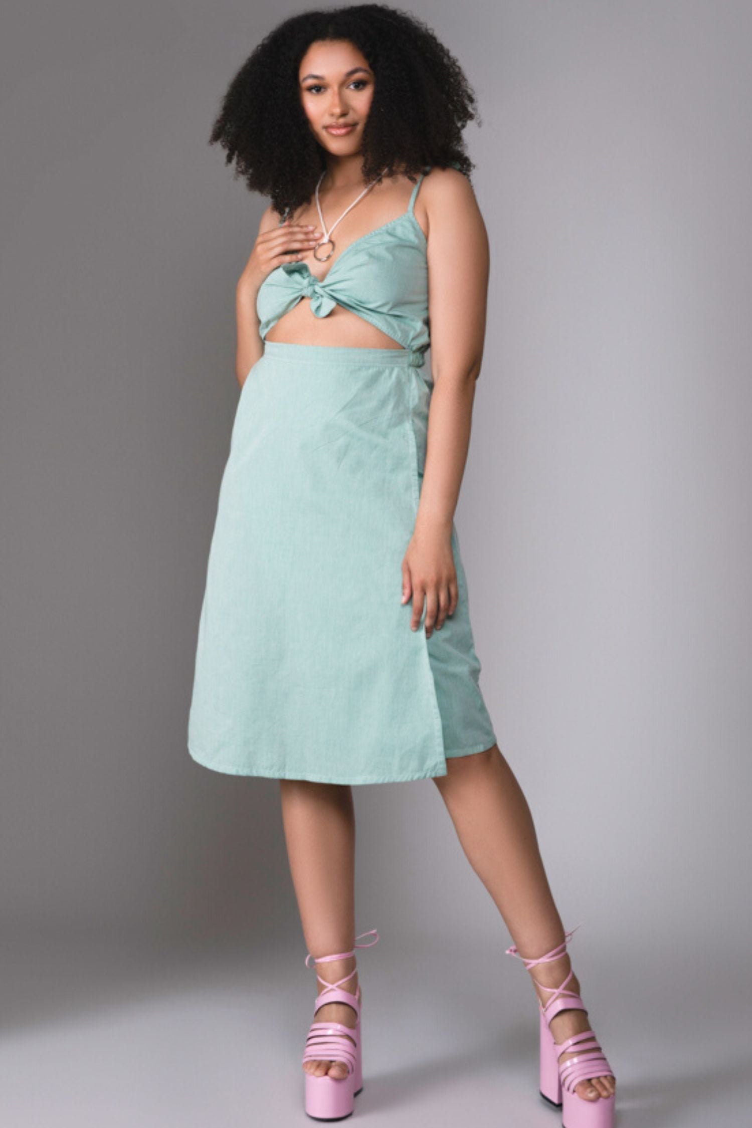 Unkha Bow Front Cut Out Dress in Seafoam Green Organic Cotton