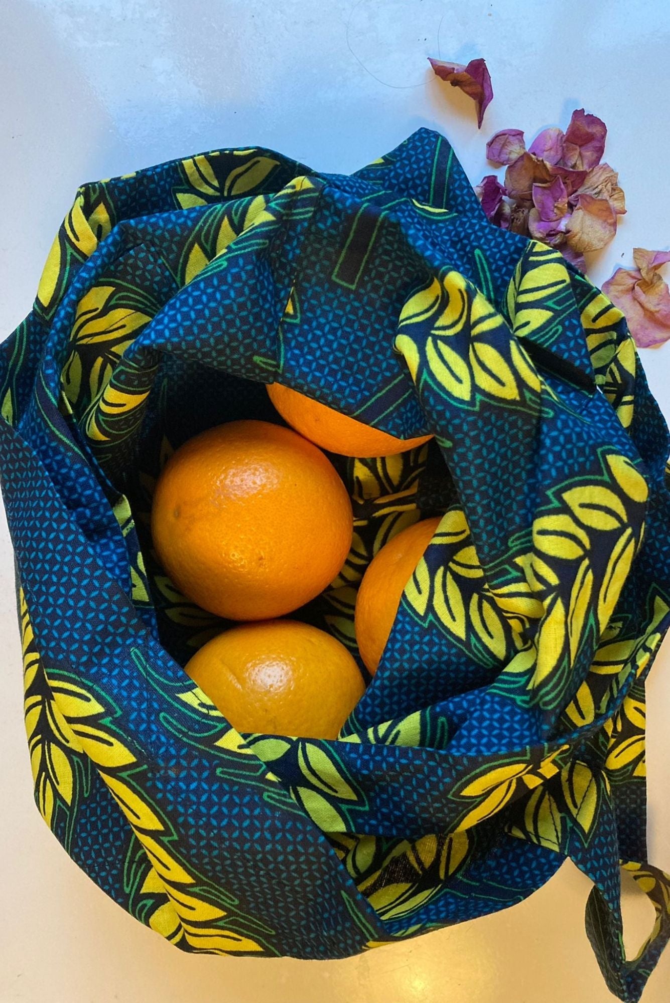 Fabric tote in teal and yellow sprig