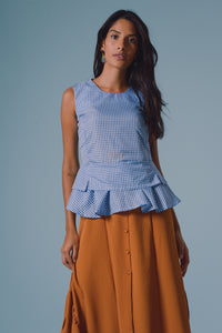 Charity Peplum Top in Small Blue Checks - Mayamiko Sustainable Fashion