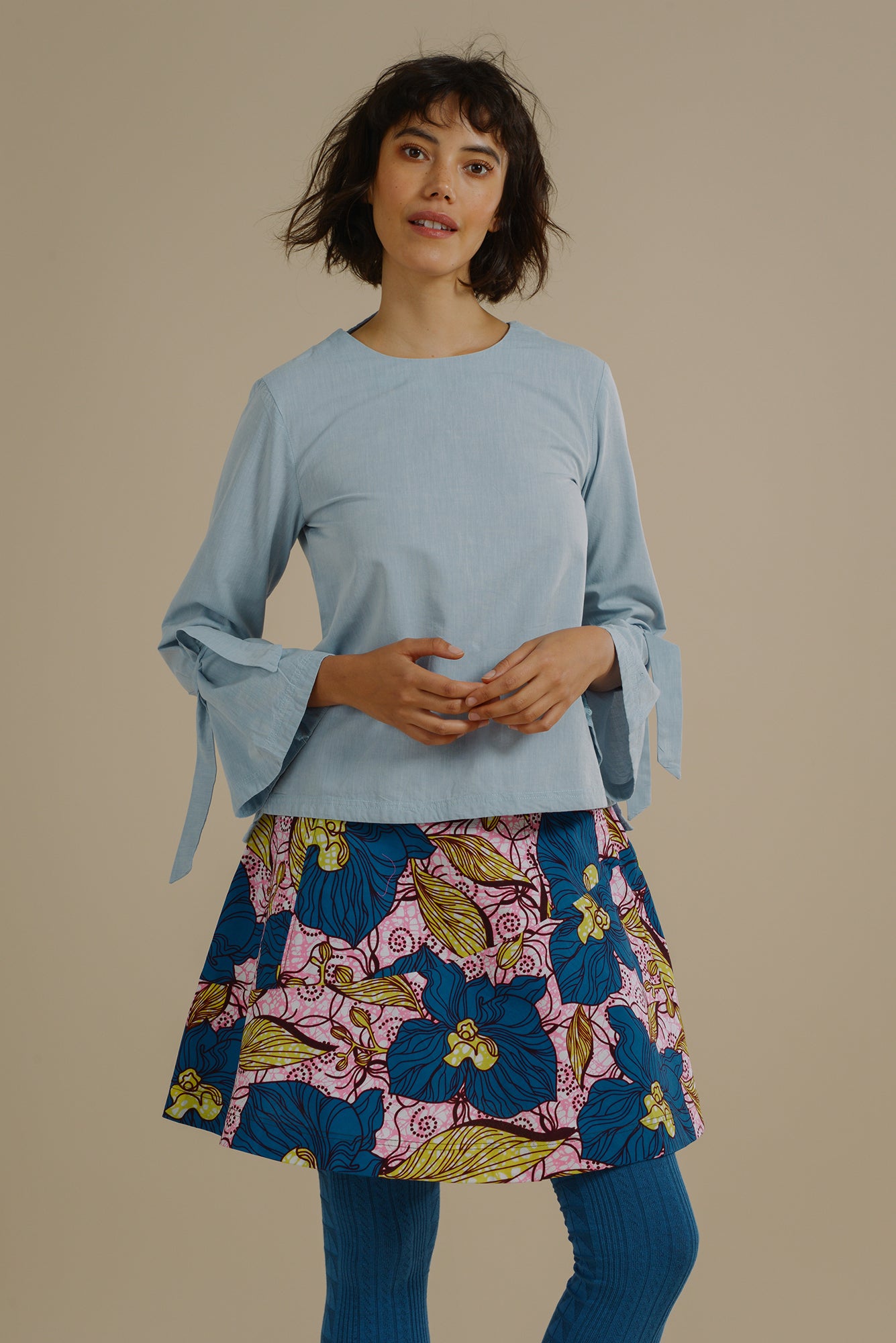 Likoma long bell sleeve top with V back in Sky Blue Organic Cotton - Mayamiko Sustainable Fashion