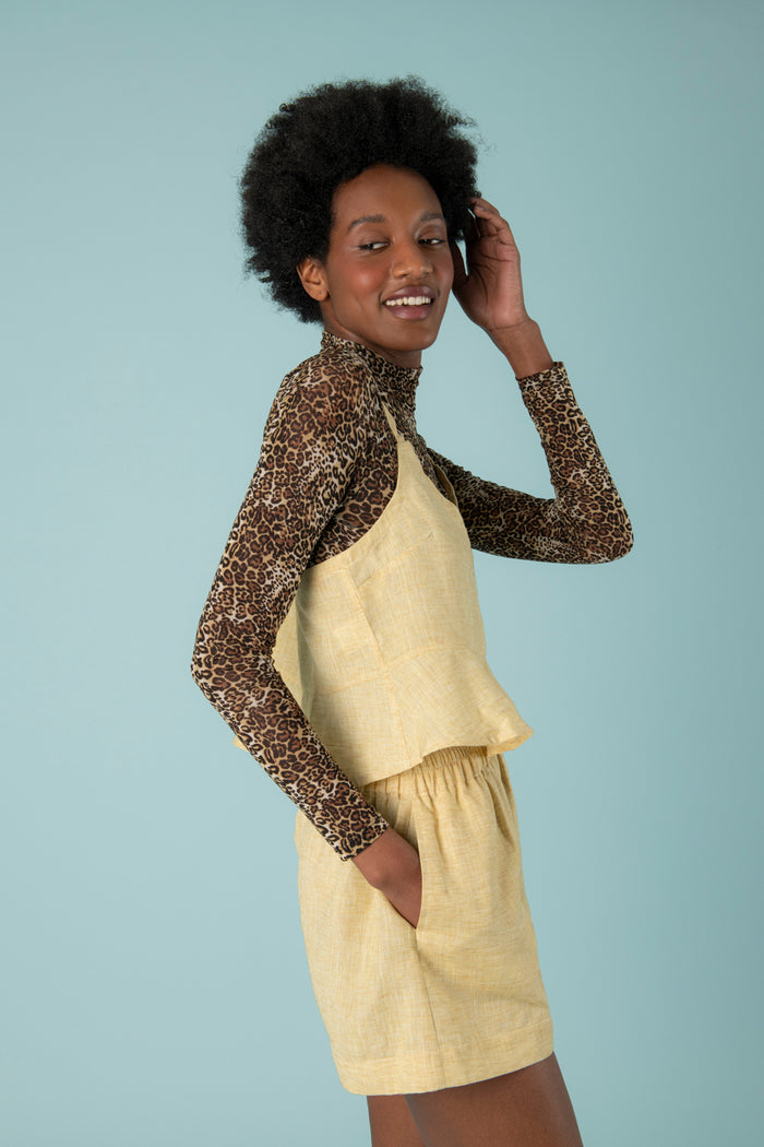 Linda Ruffle Waist Shorts in Yellow Linen - Mayamiko Sustainable Fashion