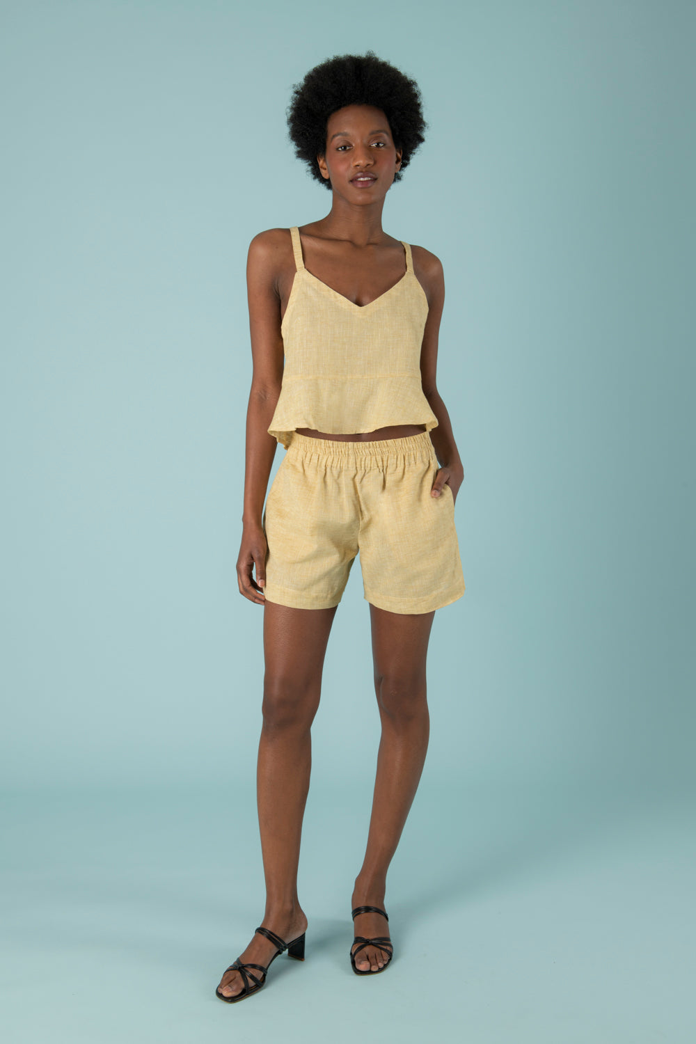 Linda Ruffle Waist Shorts in Yellow Linen - Mayamiko Sustainable Fashion