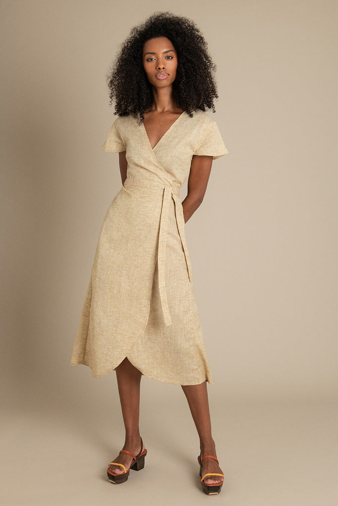 Mayamiko Maxi Wrap Dress in Yellow Linen