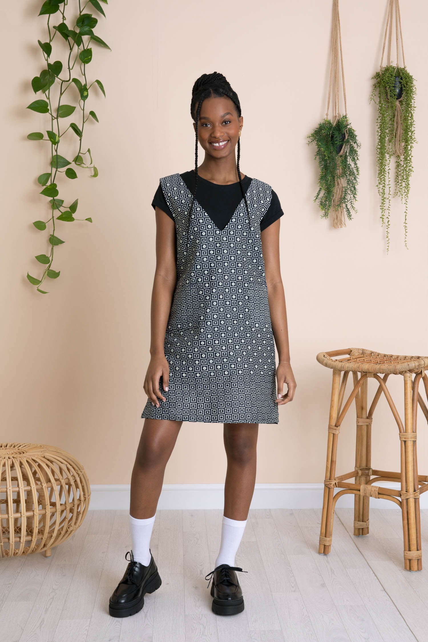 Mayamiko | Mini Pinafore Dress with Pockets in Monochrome Print Mayamiko | Mini Pinafore Dress with Pockets in Monochrome Print