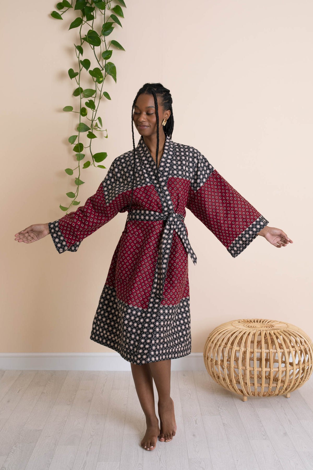 Mayamiko | Cotton Robe with Belt and Pockets in Red and Black Dots