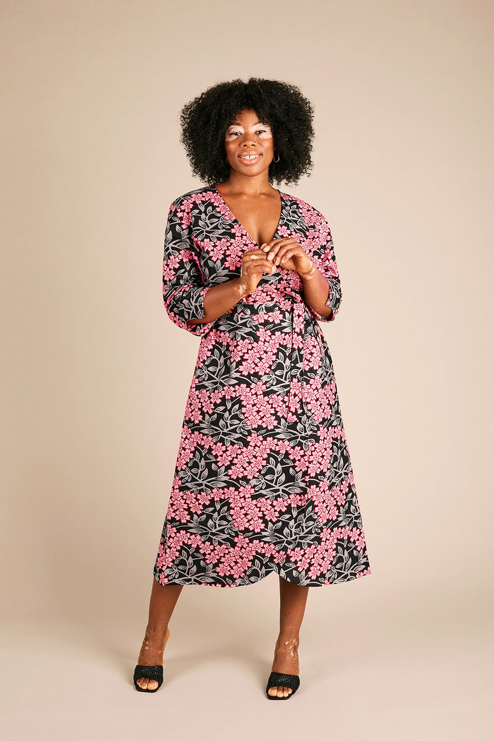 Dalitso Maxi Wrap Dress with sleeves in Pink and Black Flowerbed
