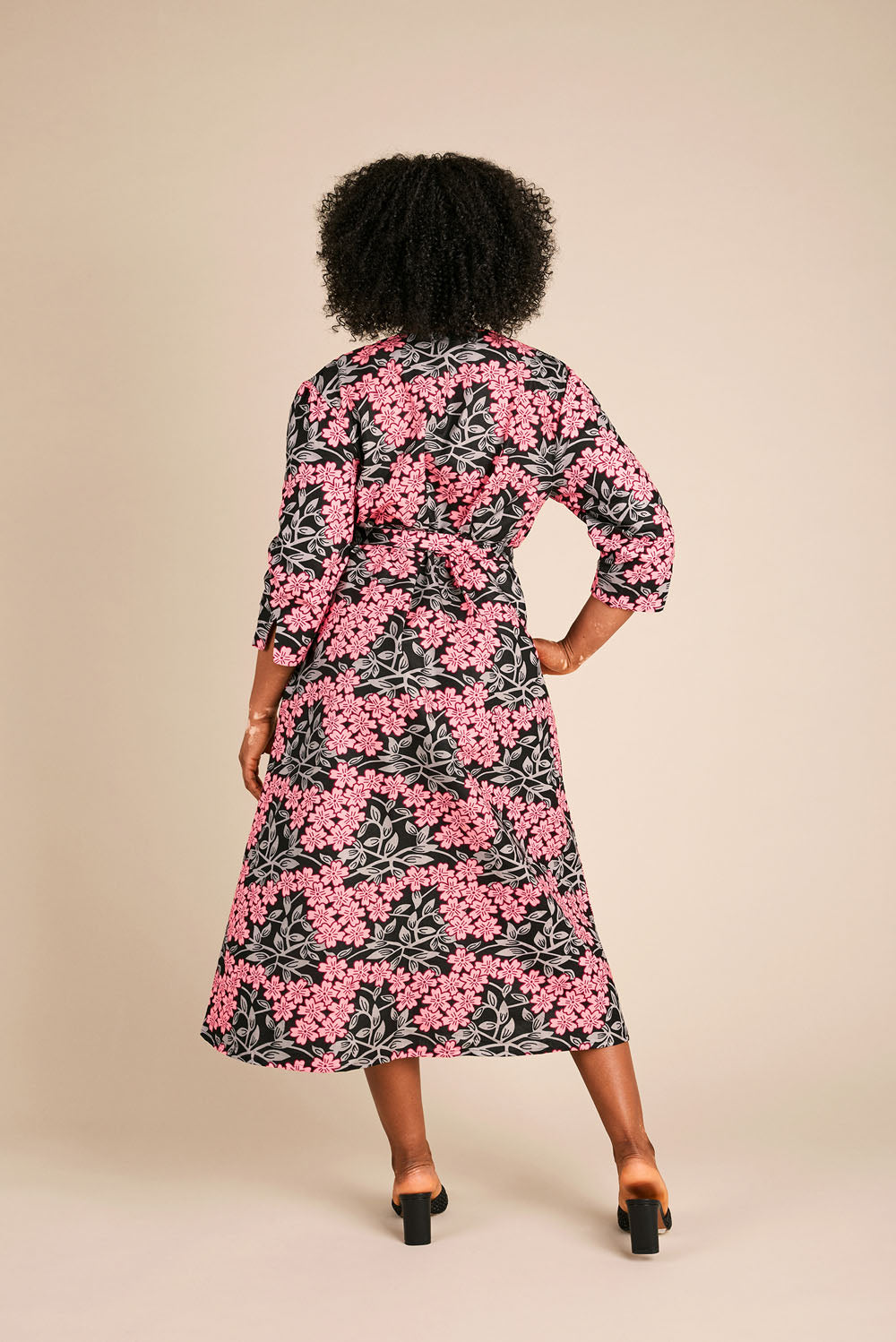 Dalitso Maxi Wrap Dress with sleeves in Pink and Black Flowerbed
