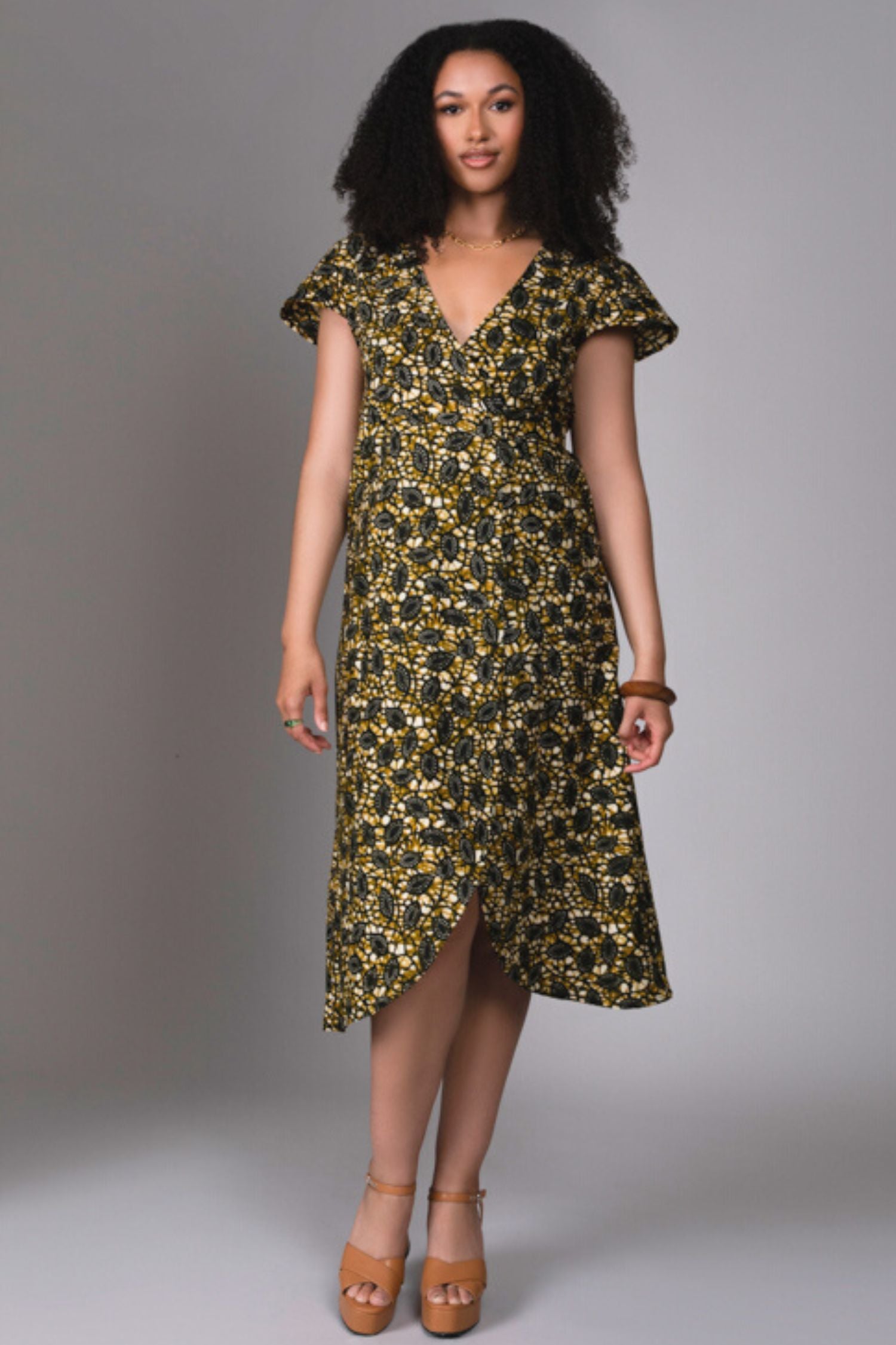 Mayamiko | Maxi Wrap Dress in gold leaf print Mayamiko | Maxi Wrap Dress in gold leaf print