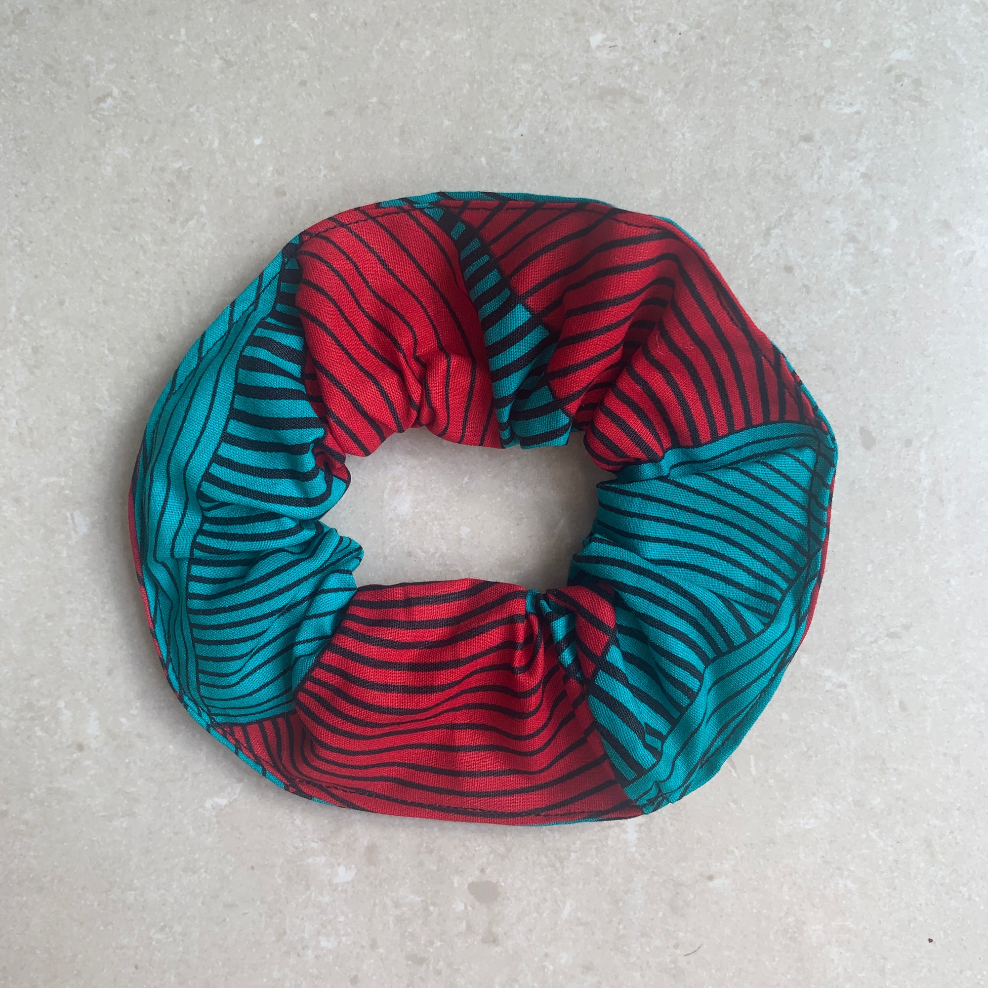 Scrunchie in Red and Aqua Windmill - Mayamiko Sustainable Fashion